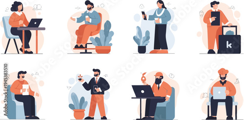 Diverse professionals working with laptops, phones, and plants