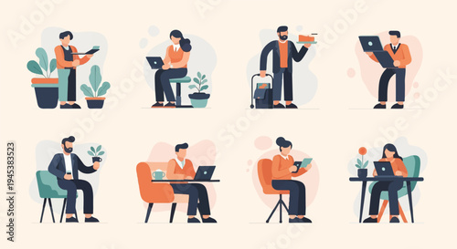 Eight flat-style illustrations of people working with laptops, tablets, and plants