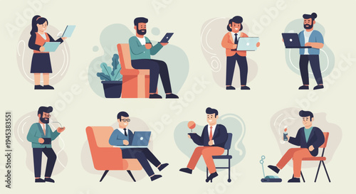 Eight modern professionals engage in various tasks with laptops, tablets, and other devices