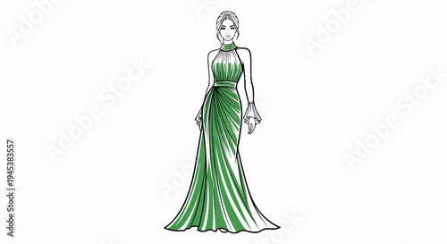 Elegant woman in a flowing green gown with halter neck and ruffled sleeves