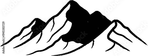 Stark, graphic depiction of snow-capped mountain range against a white background