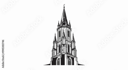 Ornate Gothic spire with cross, detailed architectural lines, black and white