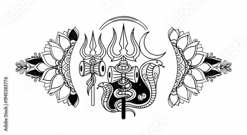 Ornate spiritual emblem with tridents, drums, snakes, moon, and mandalas