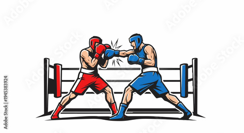 Two boxers in red and blue gear clashing in a boxing ring