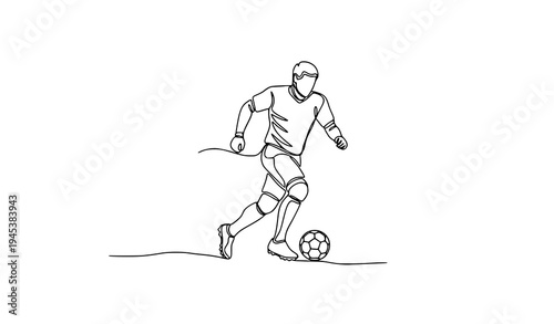 Continuous one line drawing football player dribbling ball minimalist black white sports logo vector illustration