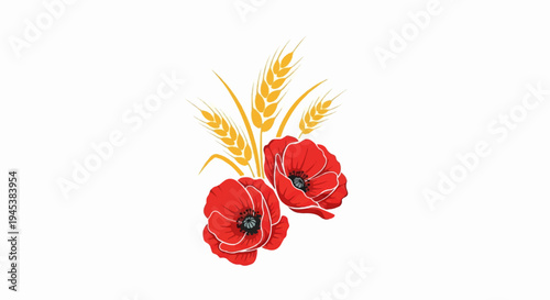 Two red poppies bloom alongside stalks of golden wheat