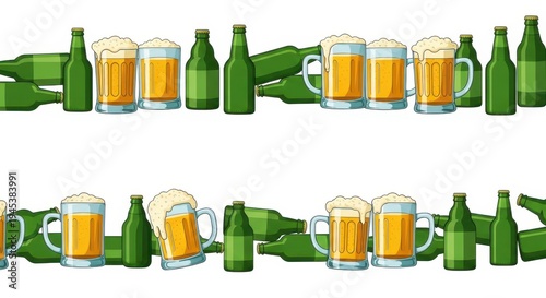 a row of green beer bottles and mugs of beer on a white background with a festive atmosphere for a p