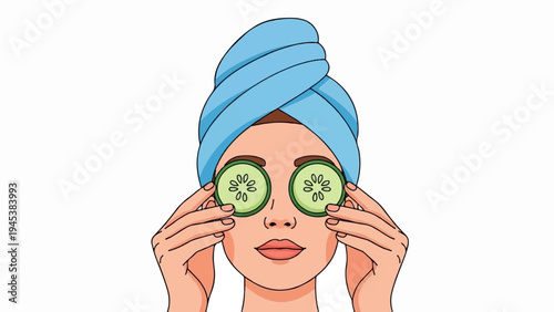Woman with towel and cucumber slices on eyes