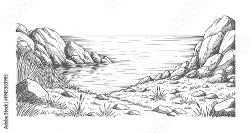 Rocky shoreline with calm water and tall grass in style nature