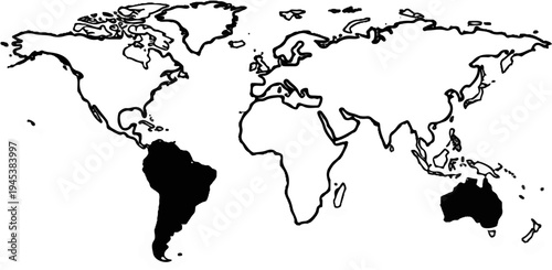 World map outline with South America and Australia shaded black