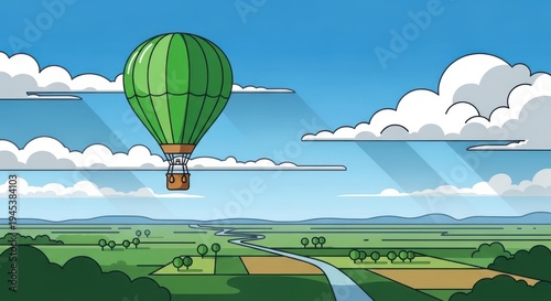 a green hot air balloon flying over a green landscape with a river and blue sky with clouds and sunb