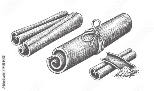 Three cinnamon sticks one tied with a bow and ground cinnamon spice bark roll