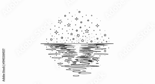 Stylized stars cascade into a reflective body of water below, rendered simply