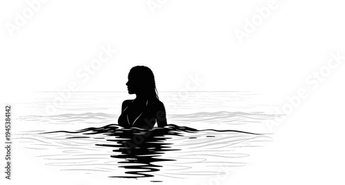 Silhouette of a woman in a bikini wading in calm water