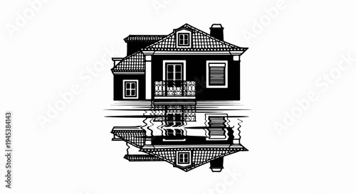 Silhouette of a house with a balcony, reflected in rippling water