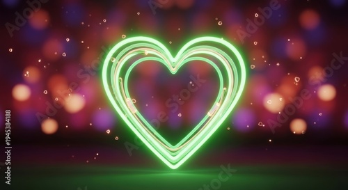 a green neon heart on a colorful background with bokeh lights neon sign glowing light colorful backg