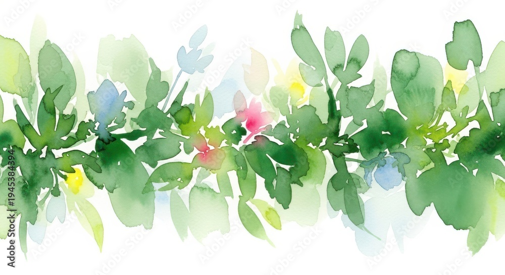 Obraz premium A delicate watercolor painting of a lush green leafy branch with small flowers on a clean white back