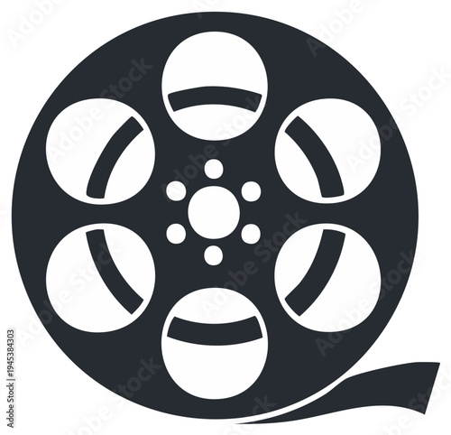 Black and white icon depicting film reel with retro design and circular details.