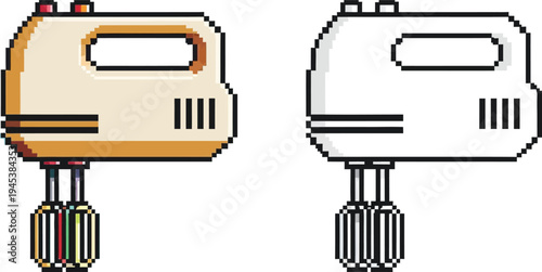A pixel art illustration featuring a beige and brown hand mixer with beaters alongside a black and white outline version of the same kitchen appliance.