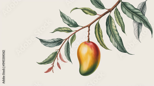 Vibrant mango fruit hanging from lush green branch with leaves on beige background symbolizing tropical paradise and healthy eating