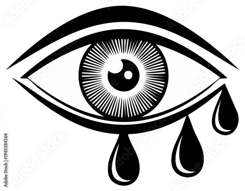 Stylized human eye shedding three black teardrops, a graphic monochrome illustration depicting sadness and emotion