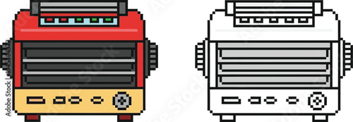 Pixel art illustration of a retro-style toaster oven, presented in both a vibrant colored version and a clean black and white outline.