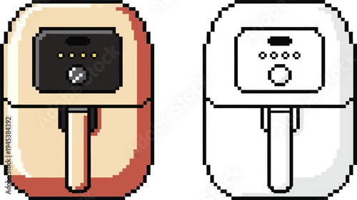 Pixel art illustration of an air fryer in both colored and outline versions, showcasing a modern kitchen appliance.