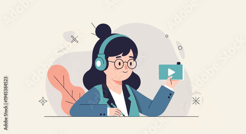 Person in headphones and glasses holds a tablet, writing