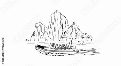 People on boat near icebergs with penguin and whale tail in ocean