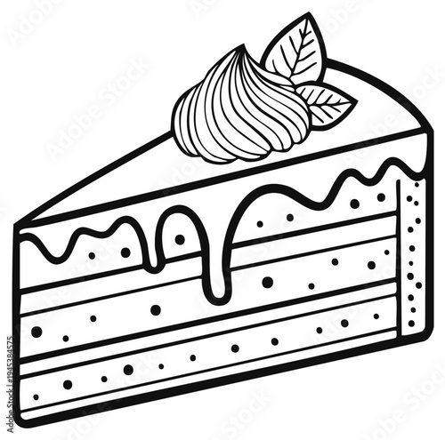 Illustrative Slice of Layered Cake with Swirled Frosting and Mint Leaves Line Art