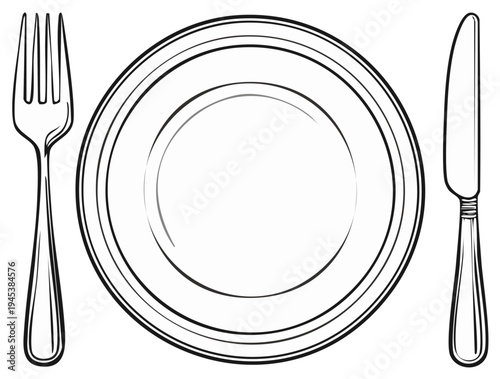 Classic dining place setting with an empty plate fork and knife black and white line art illustration