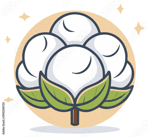 Cartoon illustration of a cotton plant with fluffy white flower and green leaves.