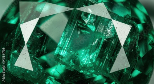 A close-up view of a large, vibrant green gemstone with a unique cut and natural inclusions on a blu