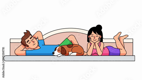 Couple and dog resting on couch, peaceful domestic scene