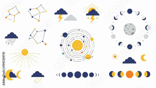 Celestial icons including constellations, weather, solar system, and moon phases