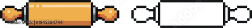 Pixel art illustration of two rolling pins, one colored in shades of brown and orange, and the other as a black and white outline, used for baking and dough preparation.