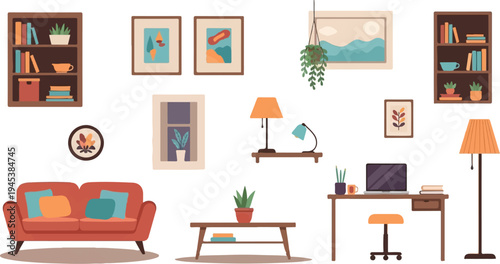 Cozy interior scene with a sofa, desk, shelves, lamps, and art