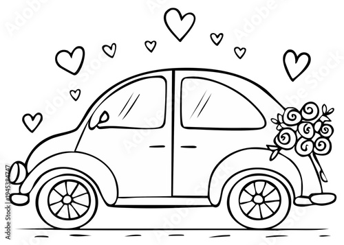 Cartoon wedding car decorated with hearts and flowers line art illustration