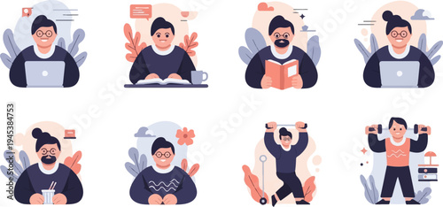 Modern flat illustrations of people engaged in various activities