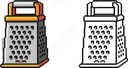 Pixel art illustration of a kitchen box grater, one colored and one in outline form, for food preparation.
