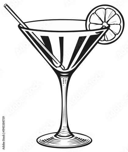 Cocktail glass with straw and lemon slice line art