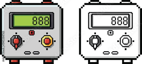 Pixel art illustration of a retro digital counter or timer device with a green display and control knobs, shown in both color and outline versions.