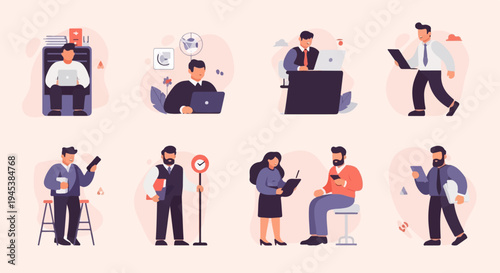 Diverse business professionals engaged in various work activities, some using technology