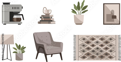 Cozy living room elements coffee maker, books, plants, chair, lamp, rug, art