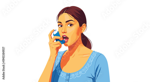 vector of a young woman using an asthma inhaler to treat breathing difficulties, illustrating respiratory health, allergy relief, and medical treatment.