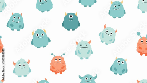 A seamless pattern of various cute, colorful cartoon monsters with different expressions