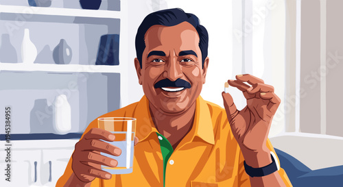 vector of a smiling man holding a pill and a glass of water, representing proactive health, medication adherence, and positive wellness.