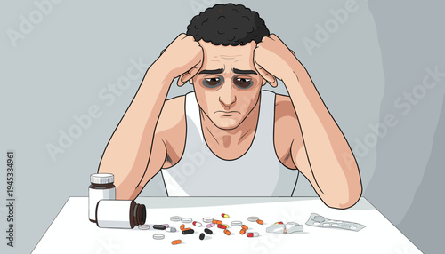 vector of a man suffering from depression and addiction, with pills scattered on a table, illustrating mental health struggles, drug abuse, and despair.