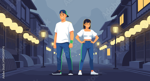 vector of a young couple standing confidently on an urban street at night, illuminated by streetlights, representing city life, youth culture, and modern lifestyle.