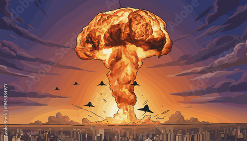 vector of a devastating nuclear explosion mushroom cloud over a city skyline at sunset, symbolizing global conflict, destruction, and catastrophe.